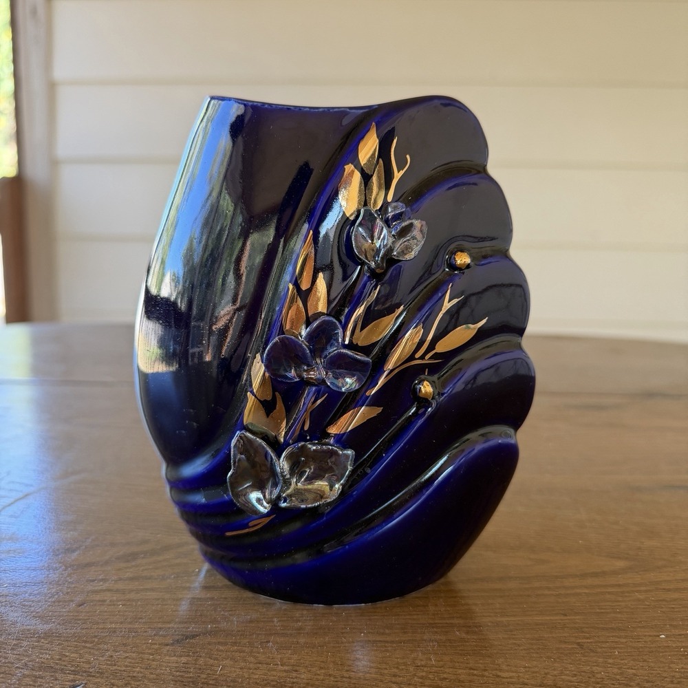 Vintage Cobalt Blue & Gold Ceramic Fan Vase Art Deco Ribbed Floral Decor 6.75"